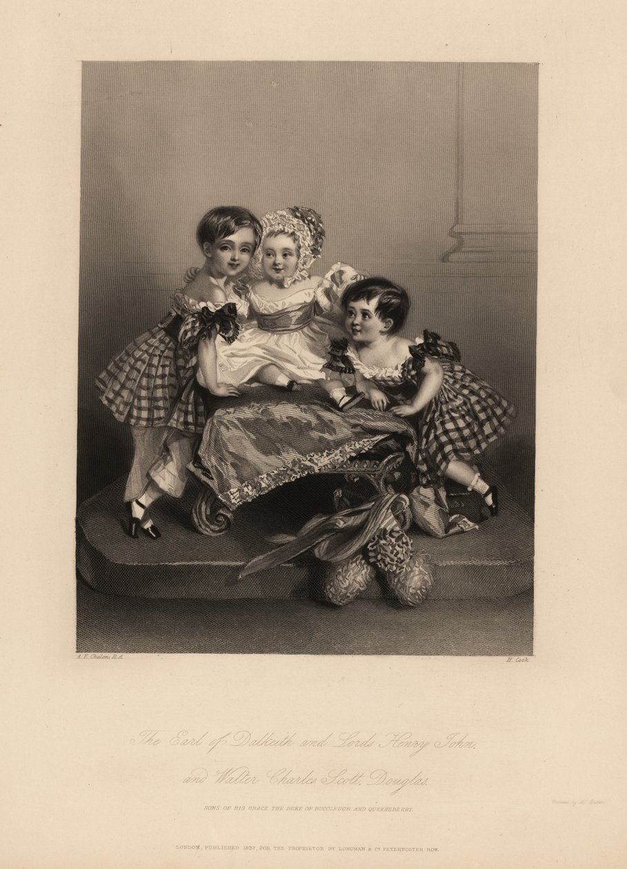 Earl of Dalkeith (William Henry), Henry John und Walter Charles Scott Douglas, Söhne des 5. Duke of Buccleuch, 7. Duke of Queensberry. Zwei Söhne tragen Tartankleider mit Bändern, der jüngste trägt eine Mütze und ein Satinkleid. Stahlstich von H. Cook von Alfred Edward (after) Chalon