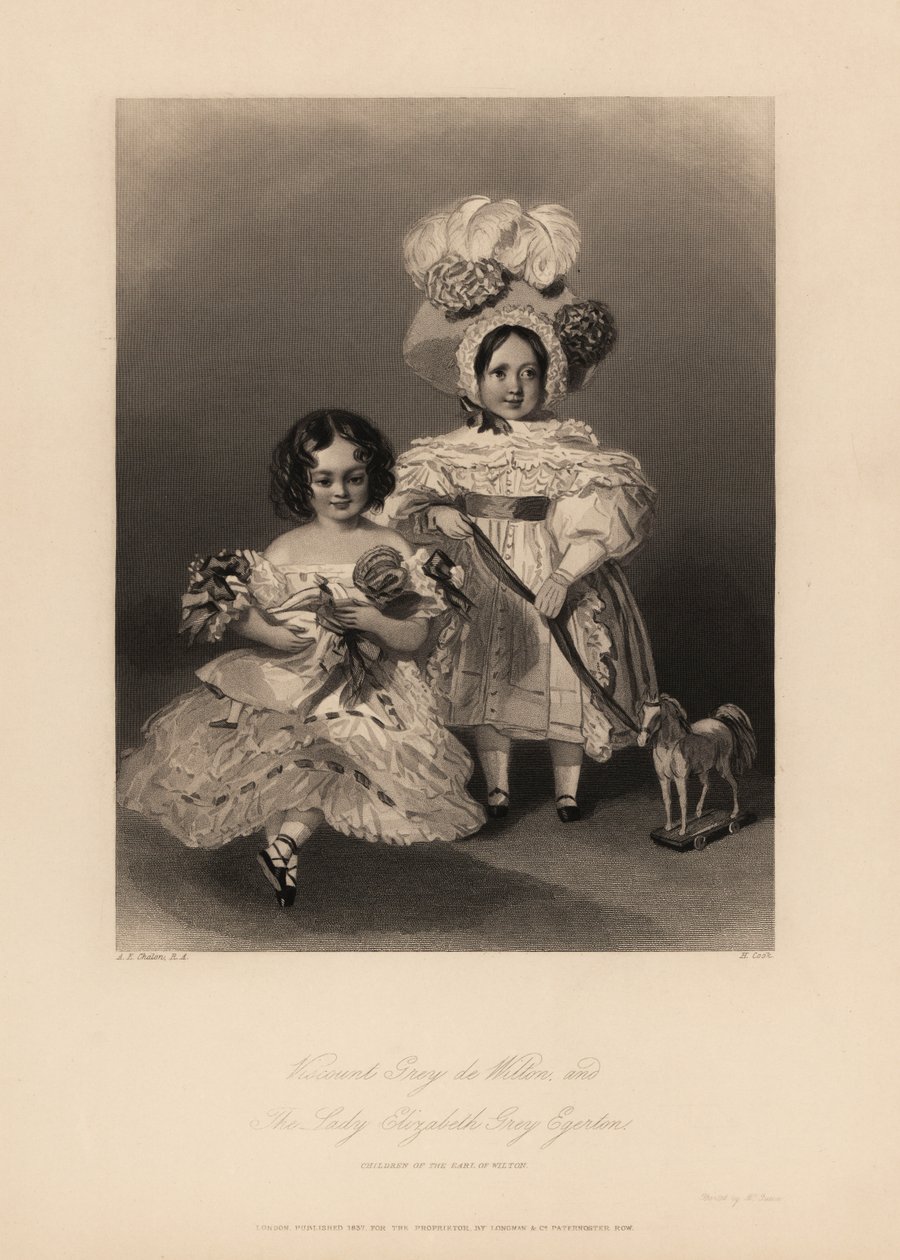 Viscount Grey de Wilton und Elizabeth Grey Egerton, Kinder von Thomas Egerton, 2. Earl of Wilton. Tochter mit Locken und Rüschenkleid, die eine Puppe hält, und Sohn im Kleid und Federhut, der ein Band hält, das an einem Spielzeugpferd befestigt ist. Stahls von Alfred Edward (after) Chalon