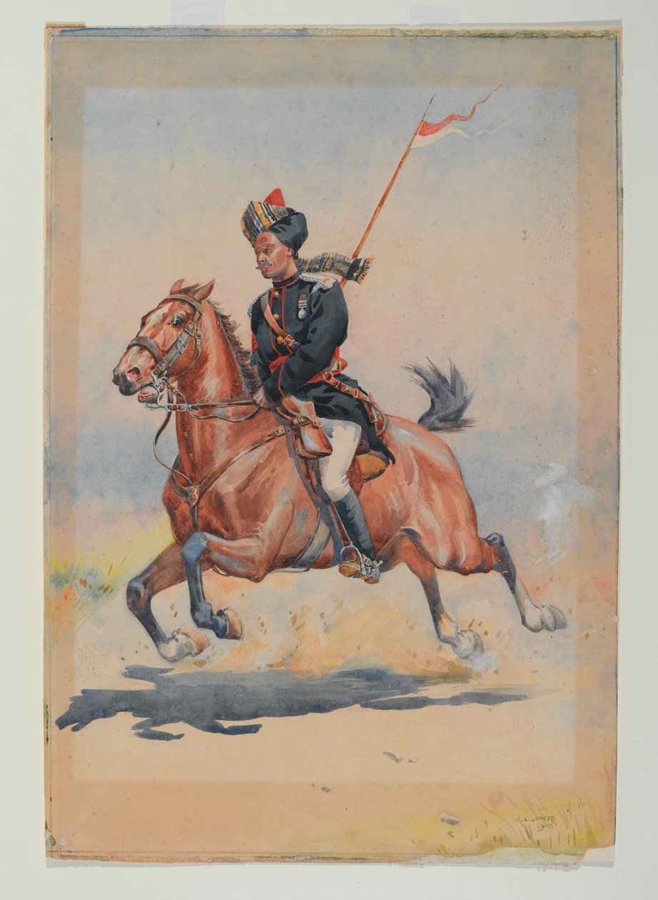 Ein Jat-Sowar der 6. Kavallerie, galoppierend mit geschulterter Lanze von Alfred Crowdy Lovett