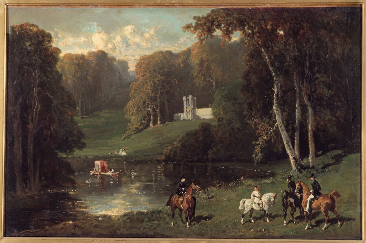 Reiter und Amazonen am Ufer eines Sees. Gemälde von Alfred de Dreux (1810-1860) 19. Jahrhundert von Alfred Dedreux