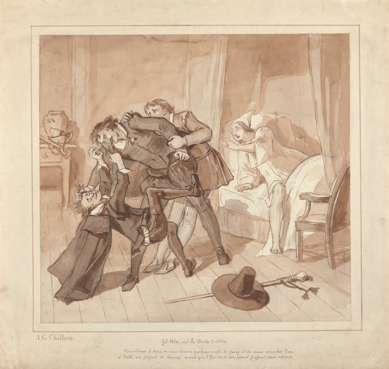 Gil Blas, während er unter Dr. Sangrado Medizin praktiziert, trifft Dr. Cuchillo am Bett des Lebensmittelhändlers von Alfred Edward Chalon