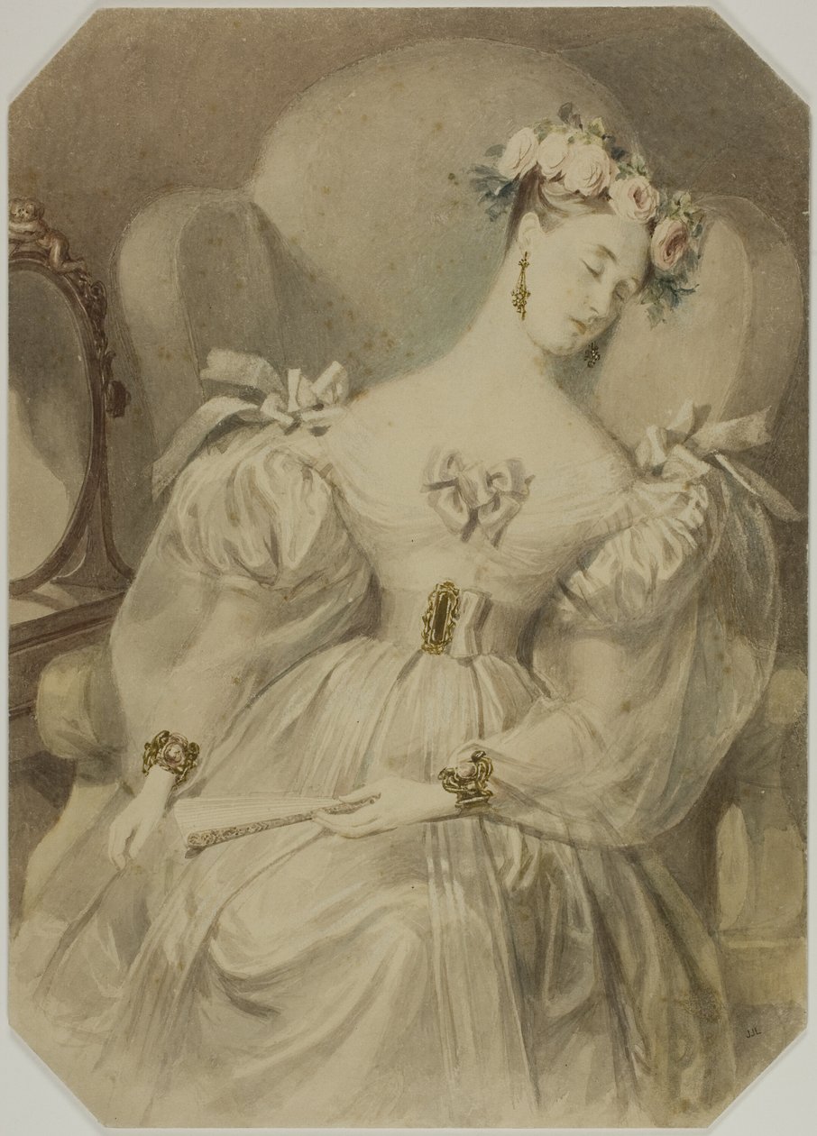 Frau im Abendkleid schläft im Sessel von Alfred Edward Chalon