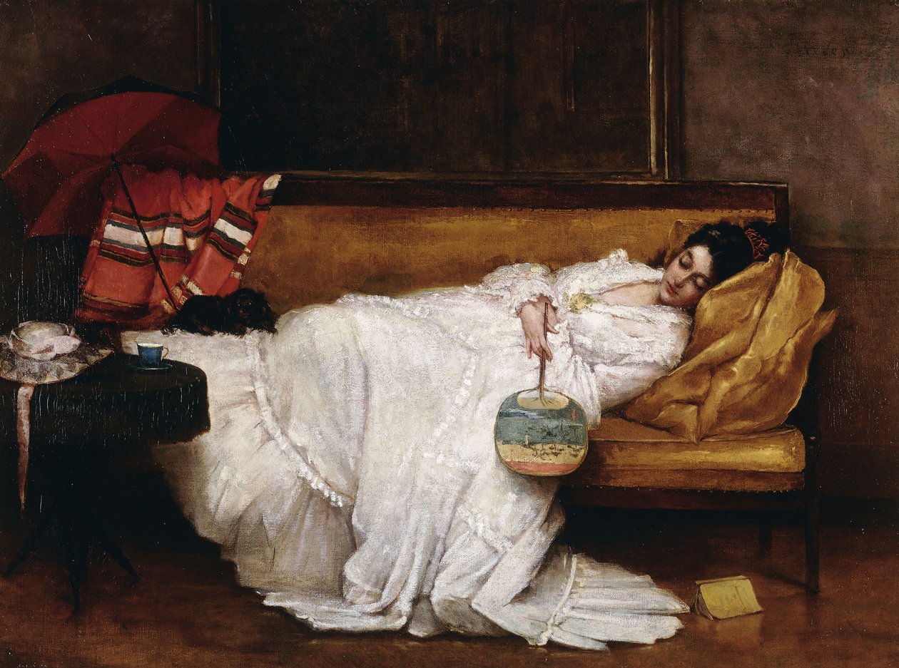 Ein Mädchen mit einem japanischen Fächer, schlafend auf einem Sofa von Alfred Emile Stevens