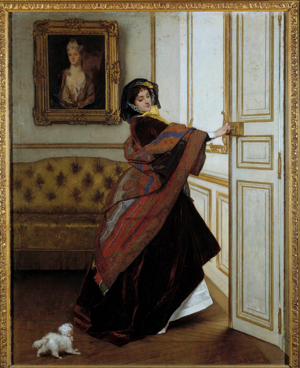 Die Dame mit dem kleinen Hund von Alfred Emile Stevens