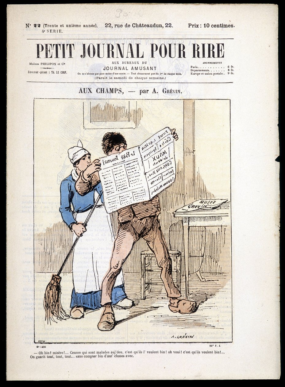 Mann liest eine Zeitung: „aux Champs“ von A. Grévin - in „Le Petit Journal pour rire“ Nr. 22, o.D. von Alfred Grevin