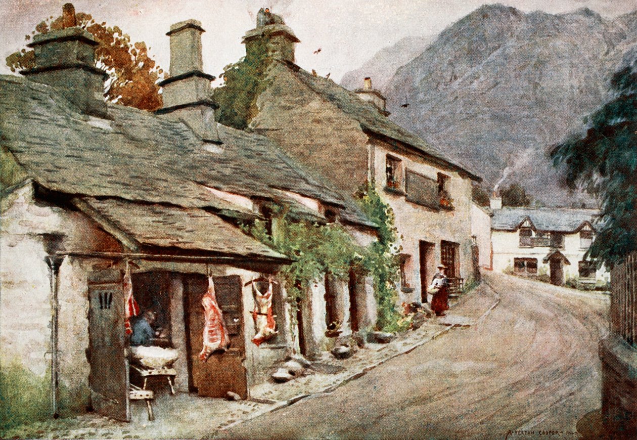 Der alte Metzgerladen, Coniston Village, aus einem Portfolio von Drucken nach den Original-Aquarellen, ca. 1920 von Alfred Heaton Cooper