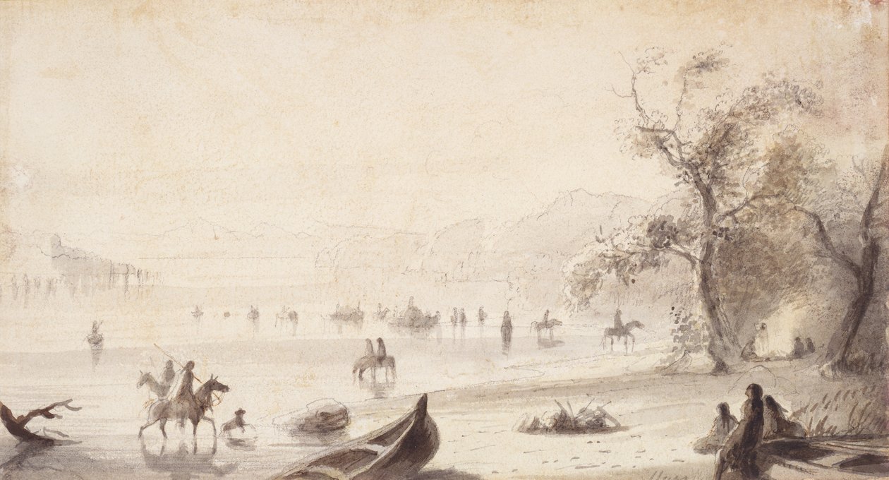 Büffelbootfahrt über den Platte, ca. 1837 von Alfred Jacob Miller