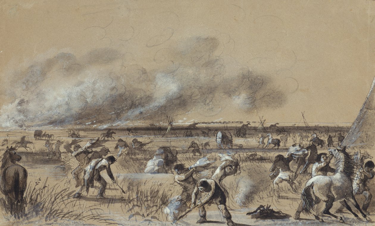 Feuer auf der Prärie, das Lager in Brand setzen, ca. 1837 von Alfred Jacob Miller