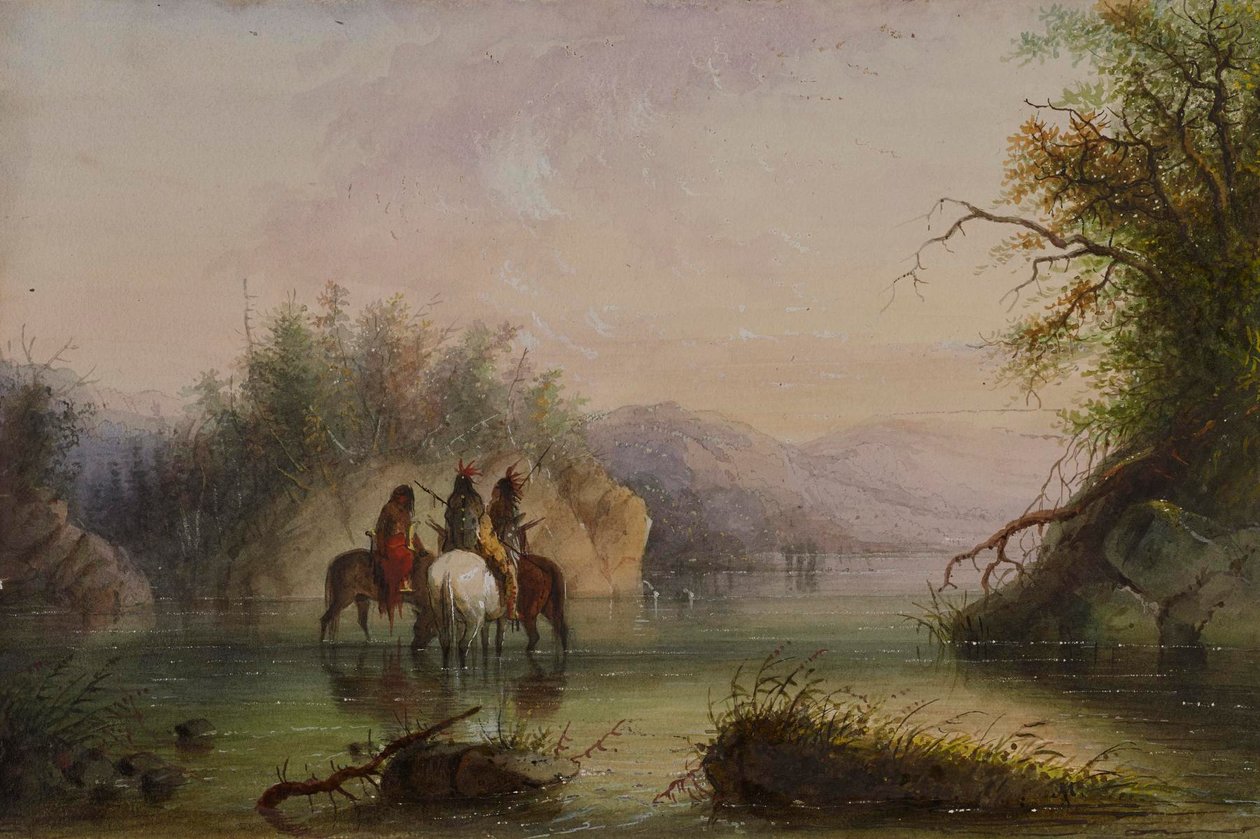 Flusslandschaft - Pferde tränken von Alfred Jacob Miller