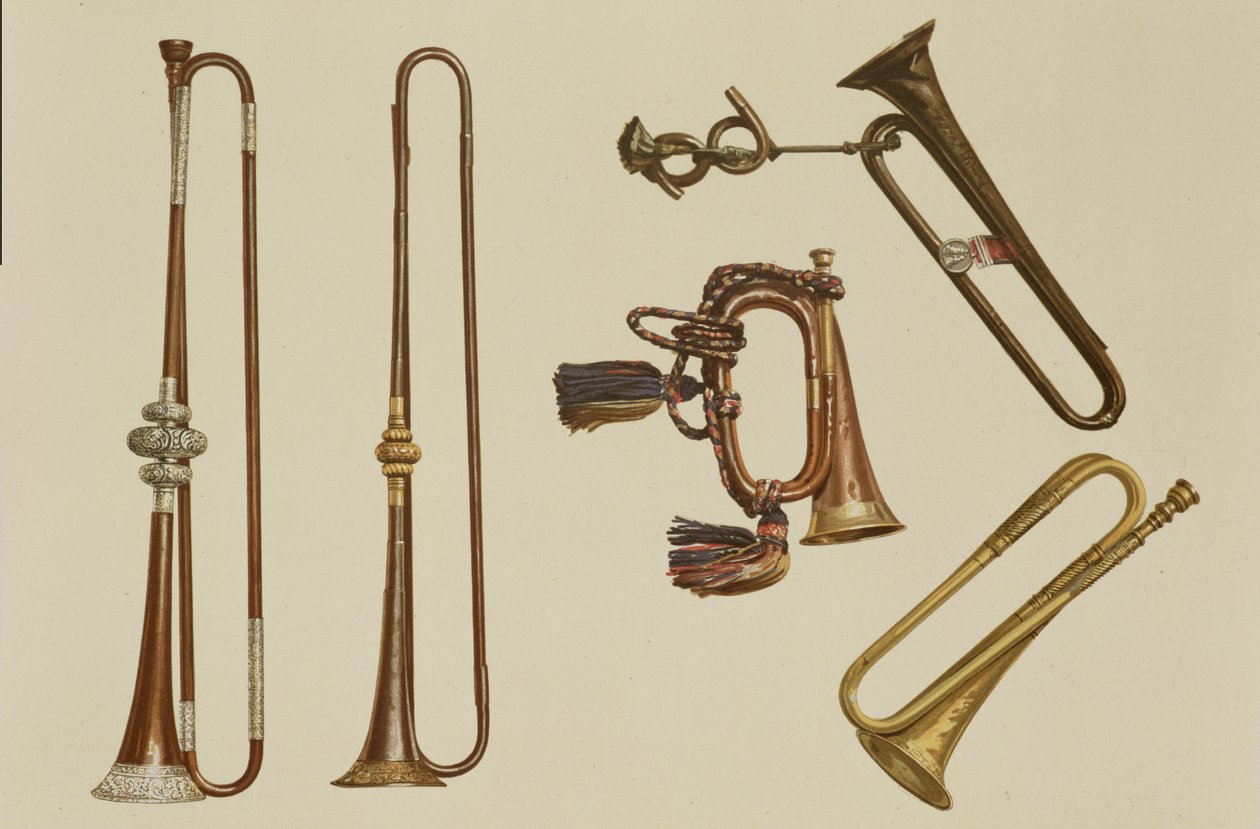 Kavallerietrompete, ein Horn, eine vergoldete Trompete von John Harris um 1730, eine Trompete und eine silbermontierte Trompete von William Ball um 1680, aus 