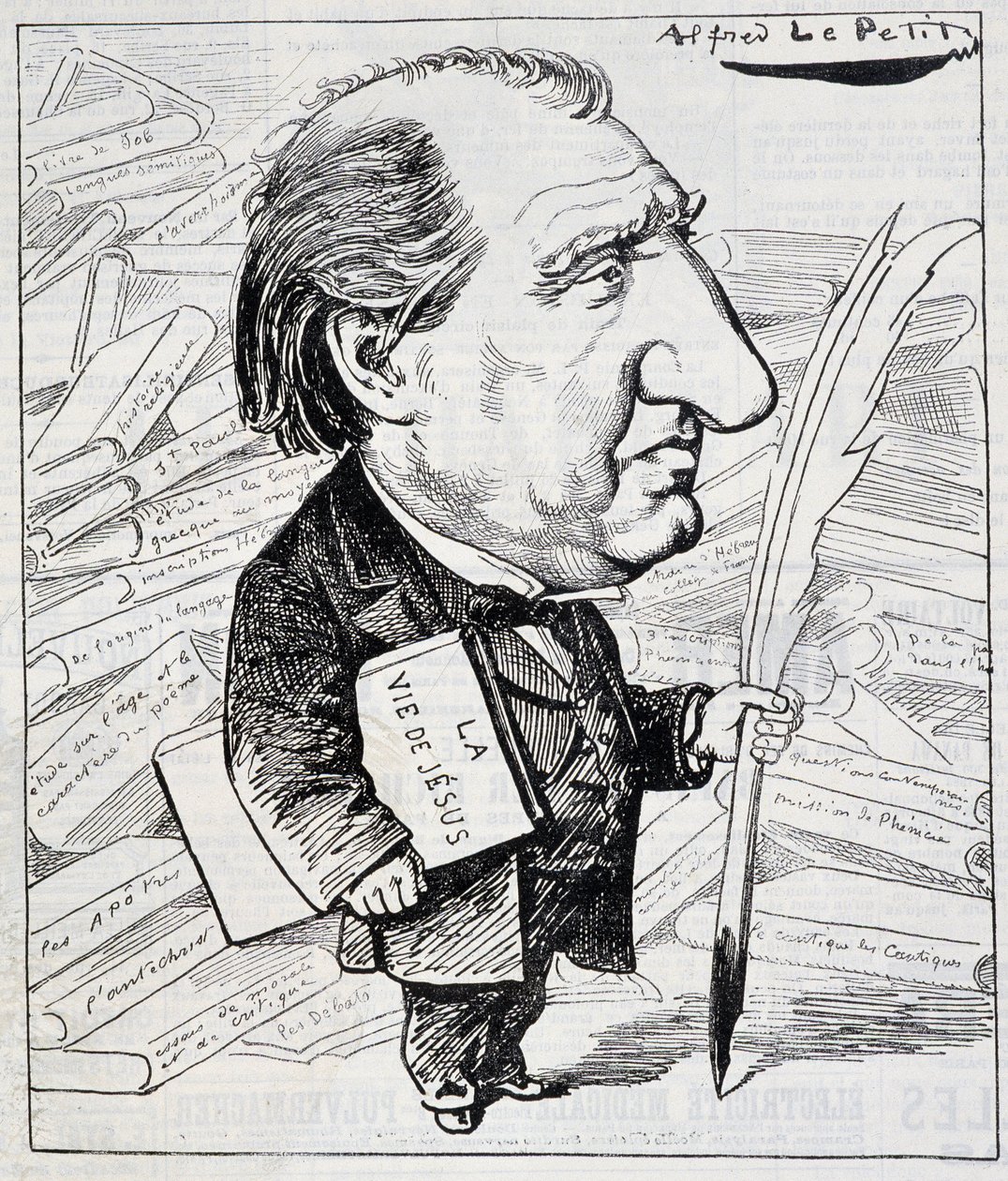 Karikatur von Ernest Renan mit „Das Leben Jesu“ unter dem Arm - in „Le Charivari“ vom 11.07.1883. von Alfred Le Petit