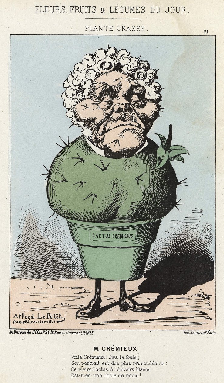 Fette Pflanze: Karikatur auf Adolphe Crémieux - Illustration vom 25.02.1871 in „Blumen, Früchte und Gemüse des Tages“ von Alfred Le Petit