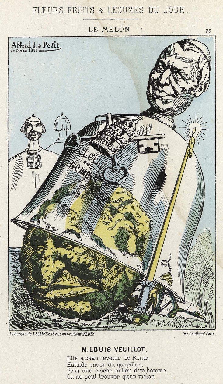 Le Melon: Karikatur über Louis Veuillot - Ill. vom 10/03/1871 in „Blumen, Früchte und Gemüse des Tages“ von Alfred Le Petit