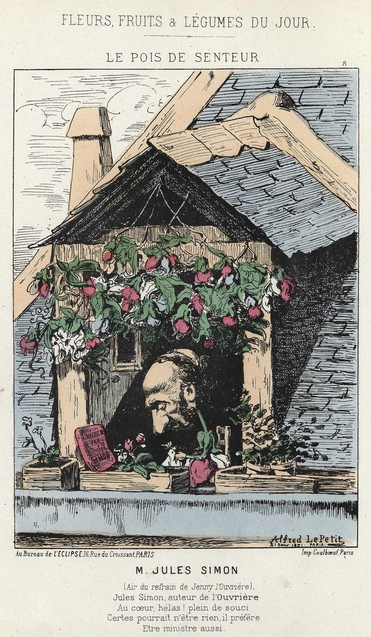 Le Peas de Fragreur: Karikatur über Jules Simon (1814 - 1896) - ill. vom 12/01/187 in „Blumen, Früchte und Gemüse des Tages“ von Alfred Le Petit