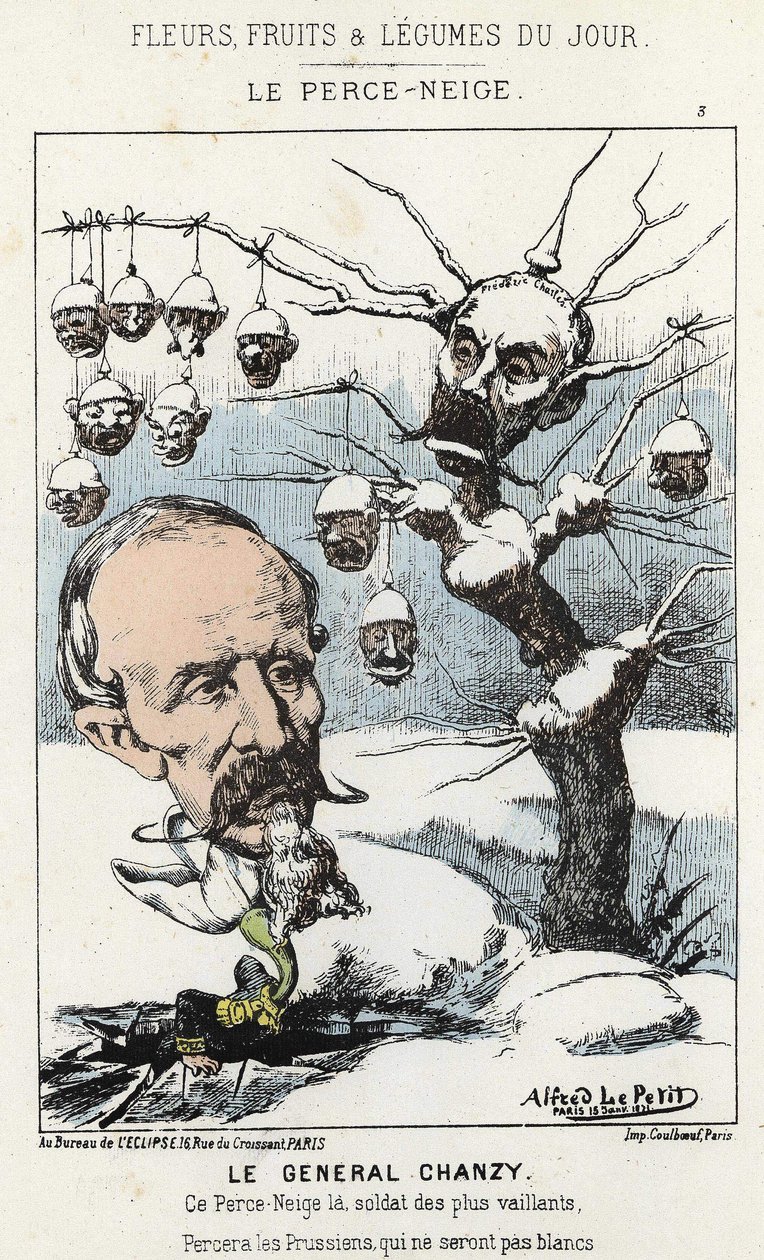 Le Perce-Neige: Karikatur über General Antoine Alfred Eugène Chanzy (1823 - 1883) - Ill. vom 15/01/1871 in „Blumen, Früchte und Gemüse des Tages“ von Alfred Le Petit
