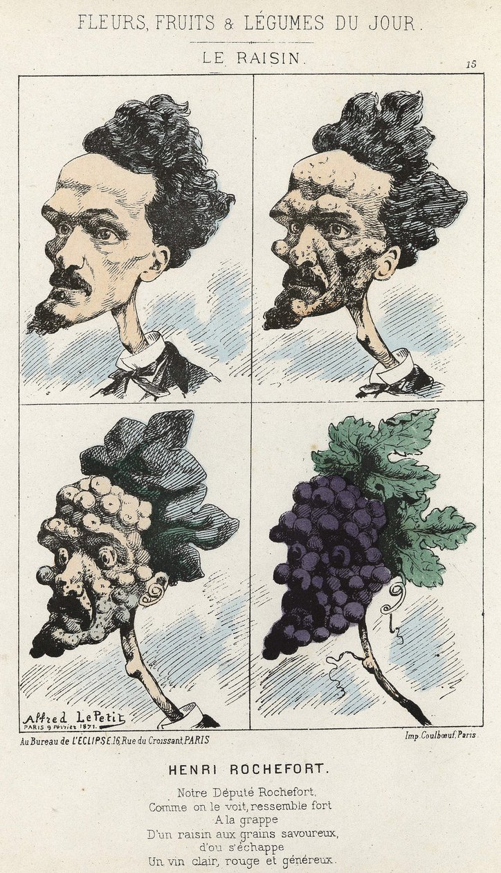 Die Traube: Karikatur über Henri Rochefort - ill. vom 09/02/1871 in „Blumen, Früchte und Gemüse des Tages“ von Alfred Le Petit