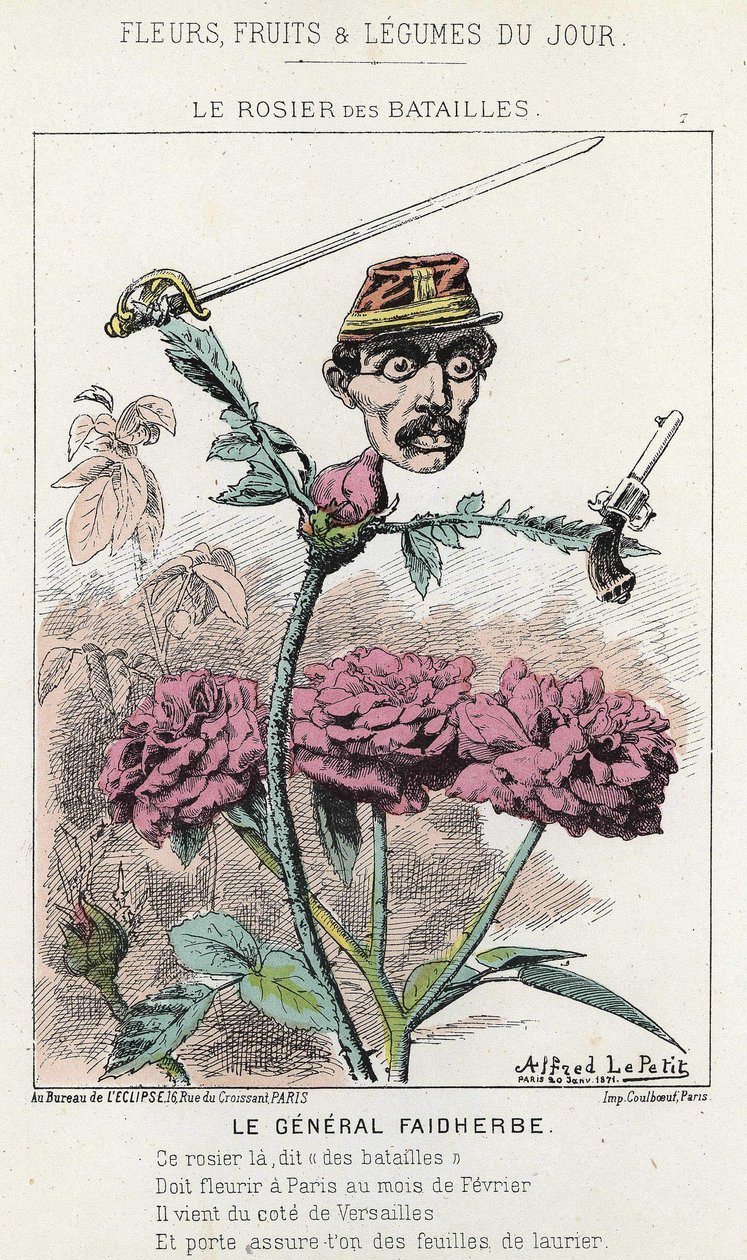 Der Rosier des Battailles: Karikatur über General Faidherbes - Ill. vom 20.01.1871 in „Blumen, Früchte und Gemüse des Tages“ von Alfred Le Petit