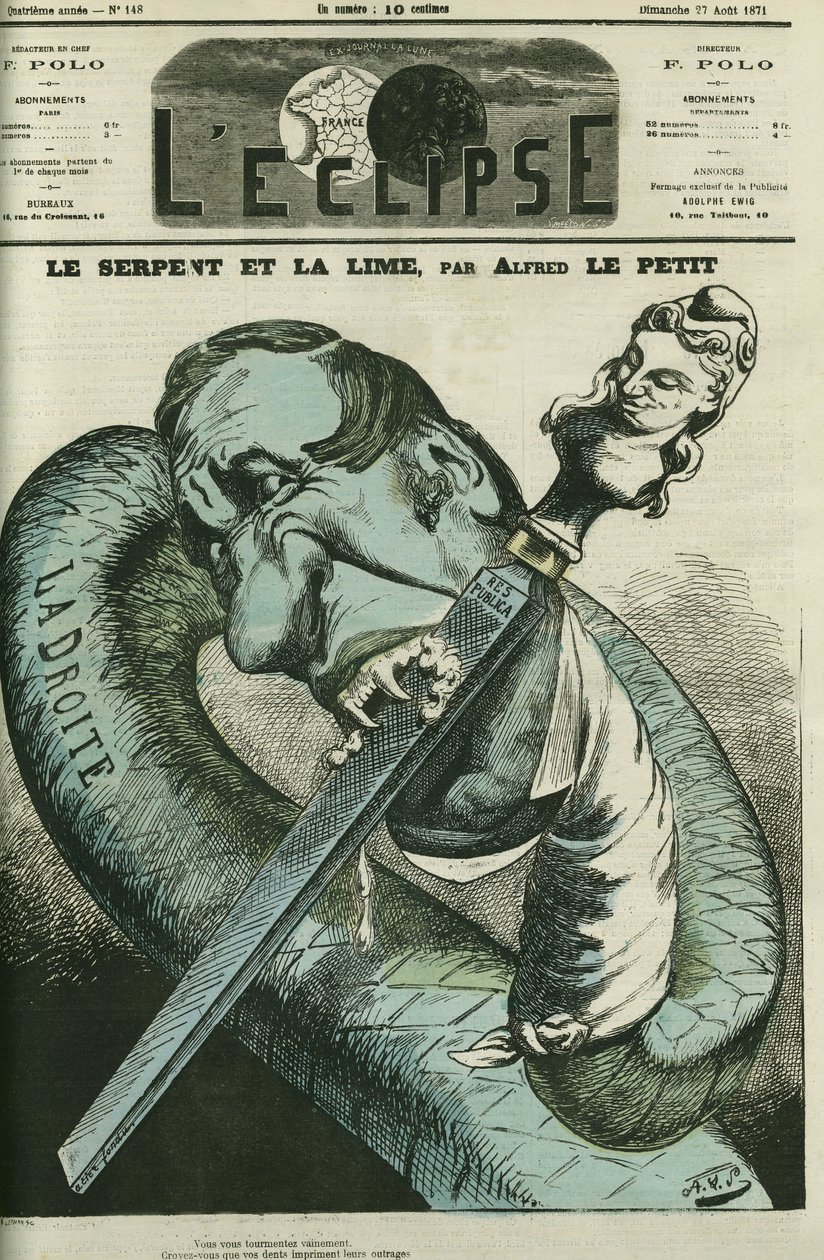 Die Schlange und die Feile, die rechte Schlange feilt ihre Zähne an der Republik. Cover in „L