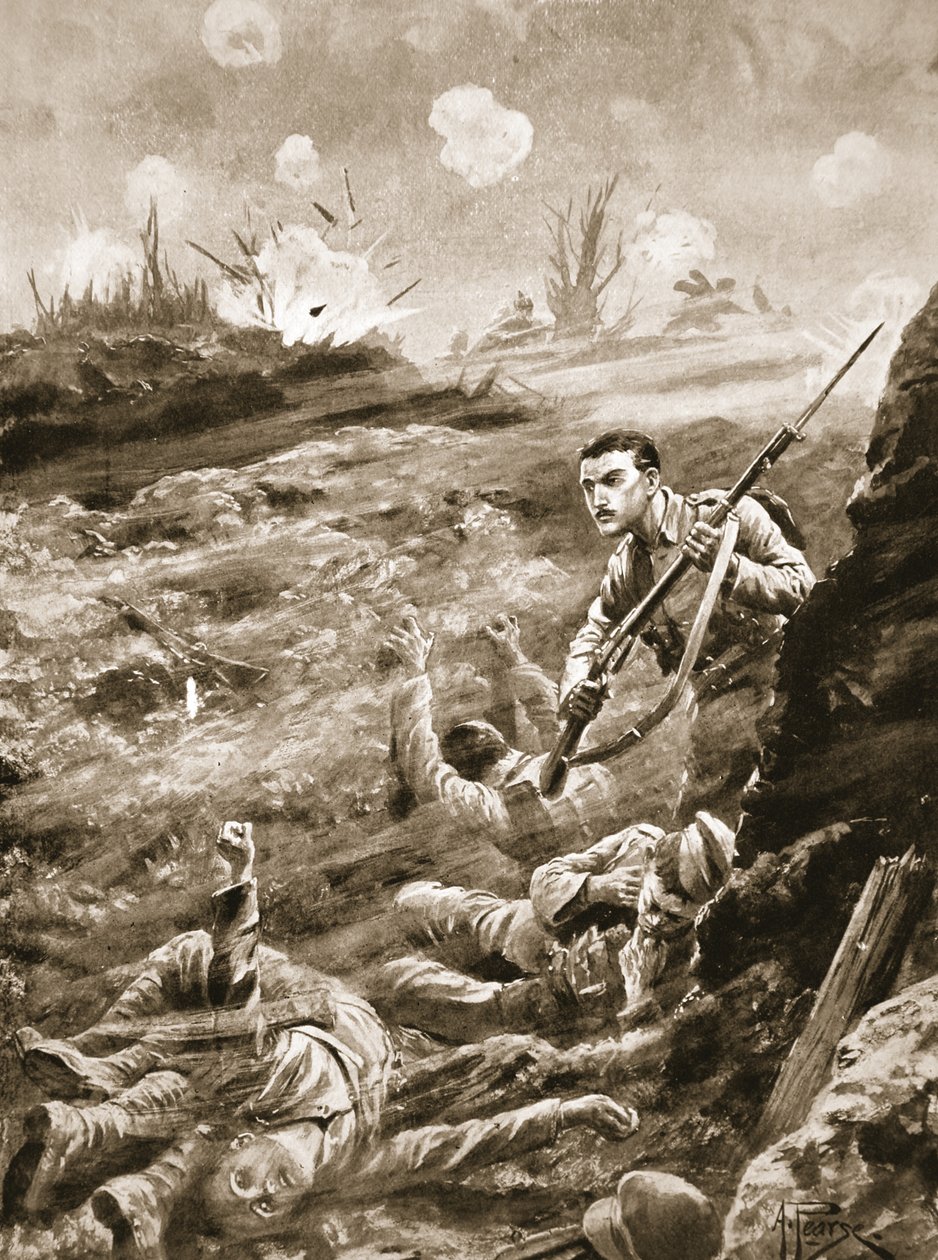 Private E. Warner hält im Alleingang einen Graben, der nach einem Gasangriff evakuiert wurde von Alfred Pearse