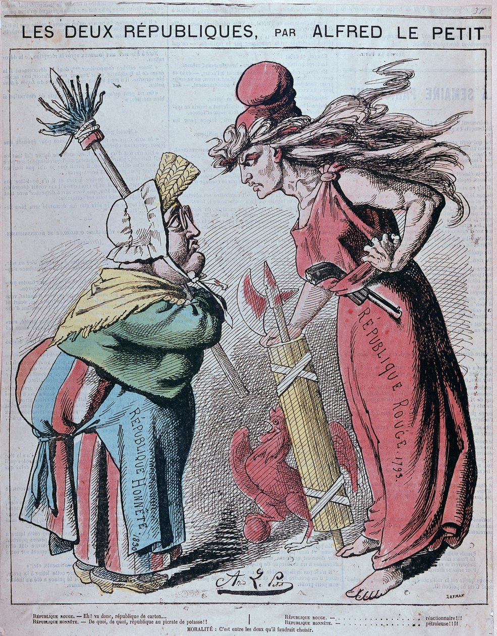 Karikatur zu den beiden Republiken, „Republique Honnete (1830) und Republique rouge (1793)“ von Alfred Le Petitty in „Le Grelot“ 1872 von Alfred Petit