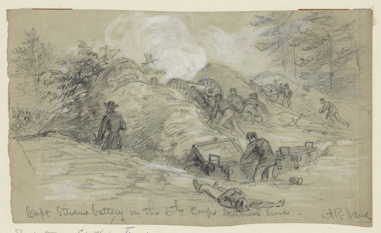 Capt. Stevens Batterie an der Scharmützel-Linie des 6. Korps von Alfred Rudolph Waud