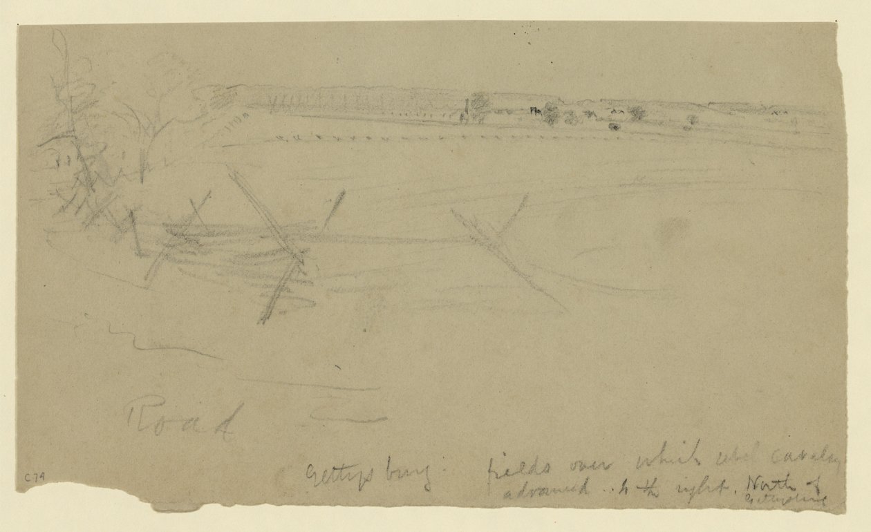 Gettysburg - Felder, über die die Rebellenkavallerie nach rechts vorrückte, nördlich von Gettysburg von Alfred Rudolph Waud