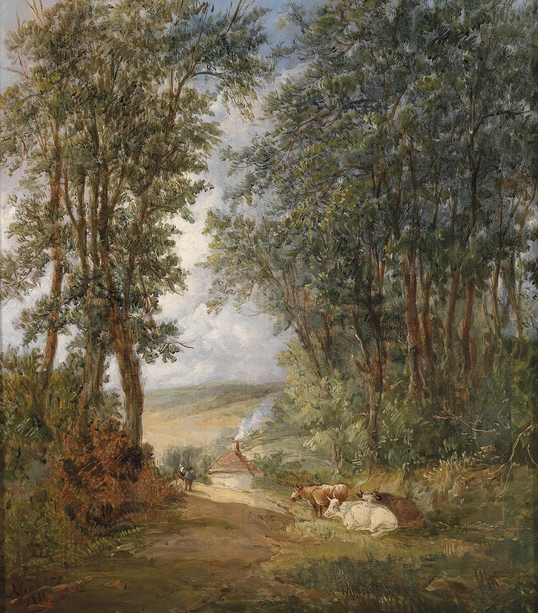 Waldlandschaft mit rastenden Kühen im Vordergrund von Alfred Vickers