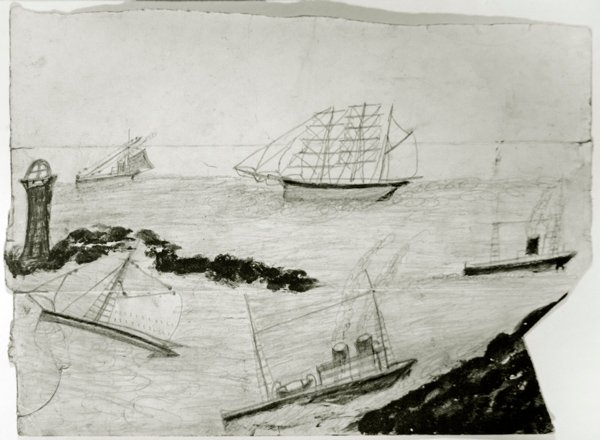 Drei Segelschiffe, zwei Dampfschiffe und Godrevy-Leuchtturm, ca. 1935-38 von Alfred Wallis