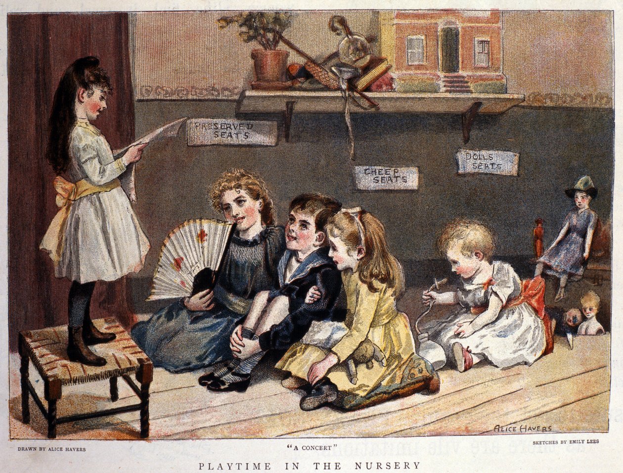 Kinderspiele: „Das Konzert“. Ein kleines Mädchen singt vor einem Publikum aus Kindern und Spielzeugen. Zeichnung von Alice Havers. 1877 von Alice Havers