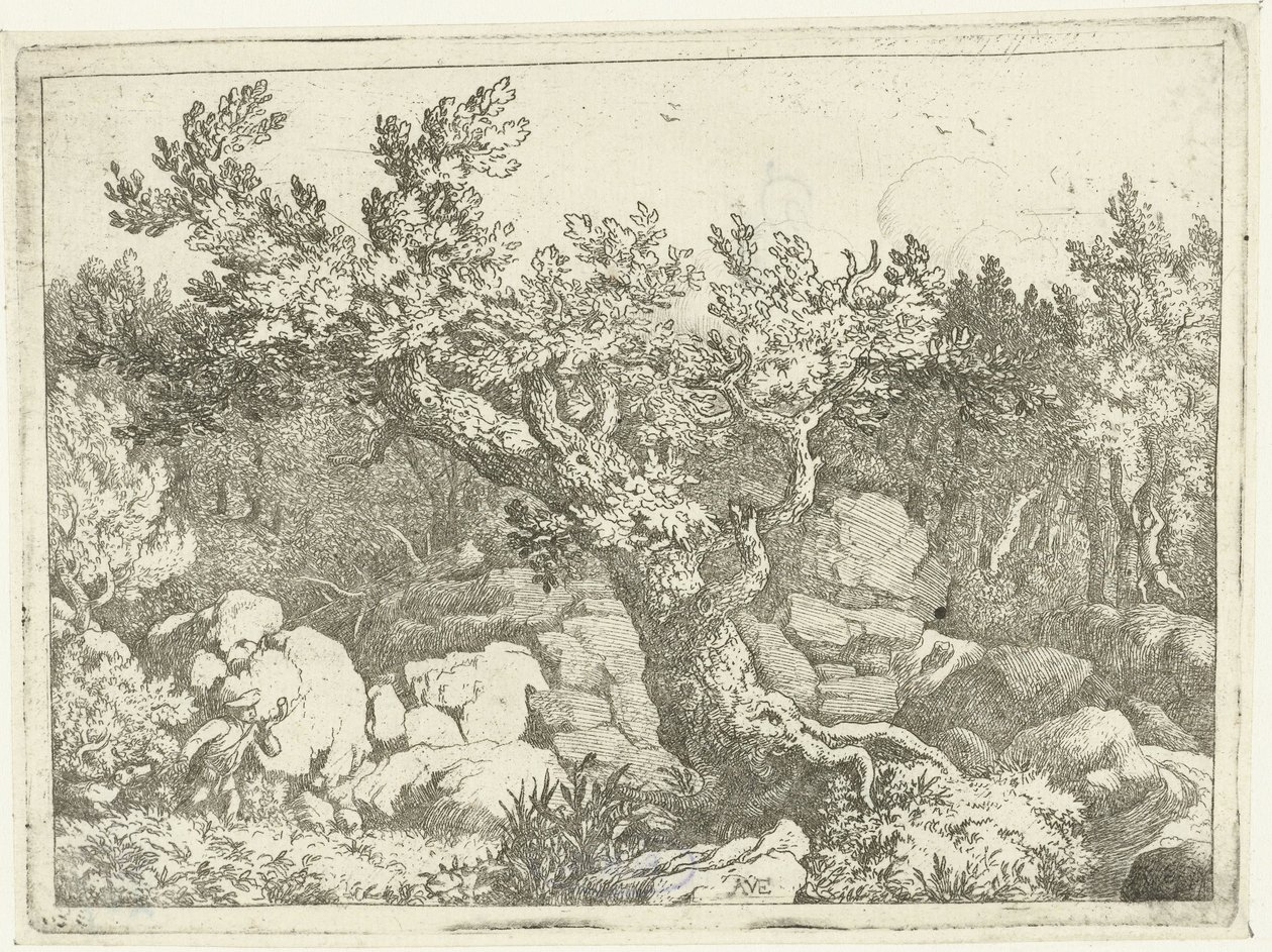 Landschaft mit Jäger bei großem Baum von Allaert van Everdingen