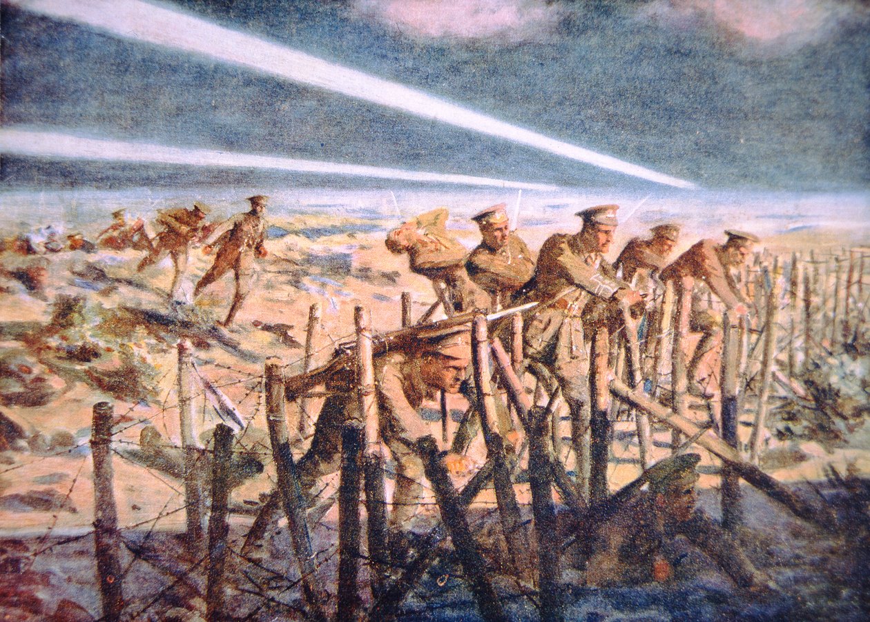 Britische Soldaten schneiden deutsche Stacheldrahtverteidigungen in der Nacht an der Westfront von Allan (after) Stewart