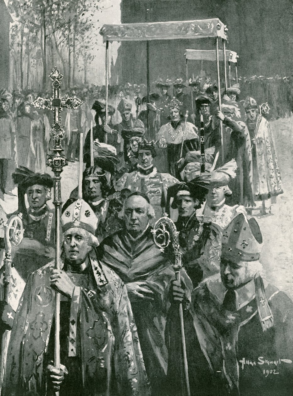 Die Prozession von der Abtei zur Halle bei der Krönung von Richard III. und Anne von Warwick (Lithografie) von Allan (after) Stewart