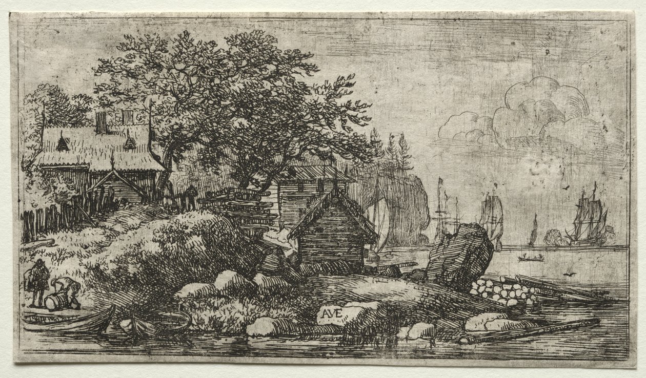Acht Landschaften: Landschaft mit zwei leeren Booten von Allart van Everdingen