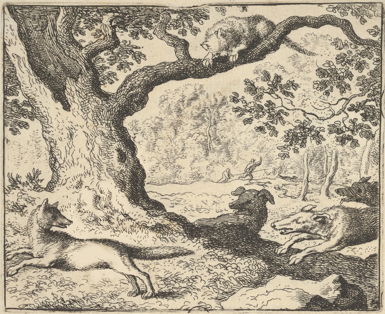 Nach Renards falscher Geschichte wird sein Vater von Jagdhunden gejagt, von Hendrick van ..., 1650-75 von Allart van Everdingen