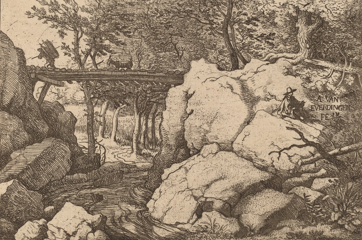 Ziege auf einer kleinen Brücke von Allart van Everdingen