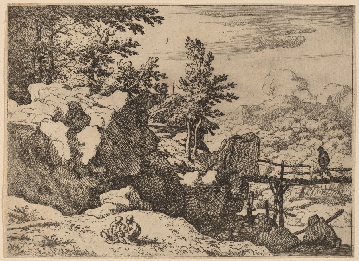 Mann auf einer kleinen Holzbrücke, wahrscheinlich ca. 1645-1656 von Allart van Everdingen