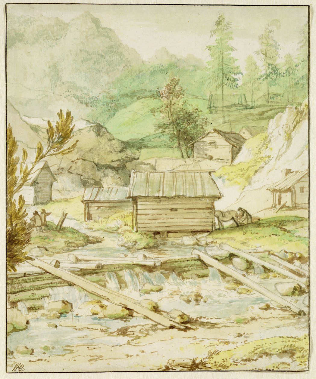 Nordische Landschaft mit Holzhütte und Wehr von Allart van Everdingen