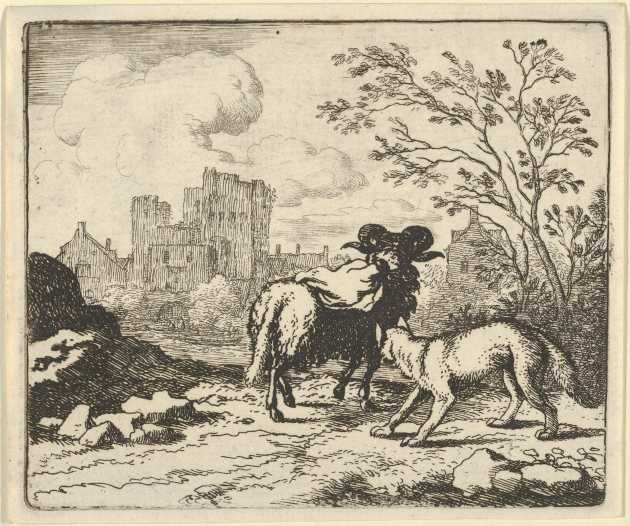 Renard schickt den Widder mit einem Paket, das den Kopf des Kaninchens enthält, zum Löwen zurück, 1650-75 von Allart van Everdingen