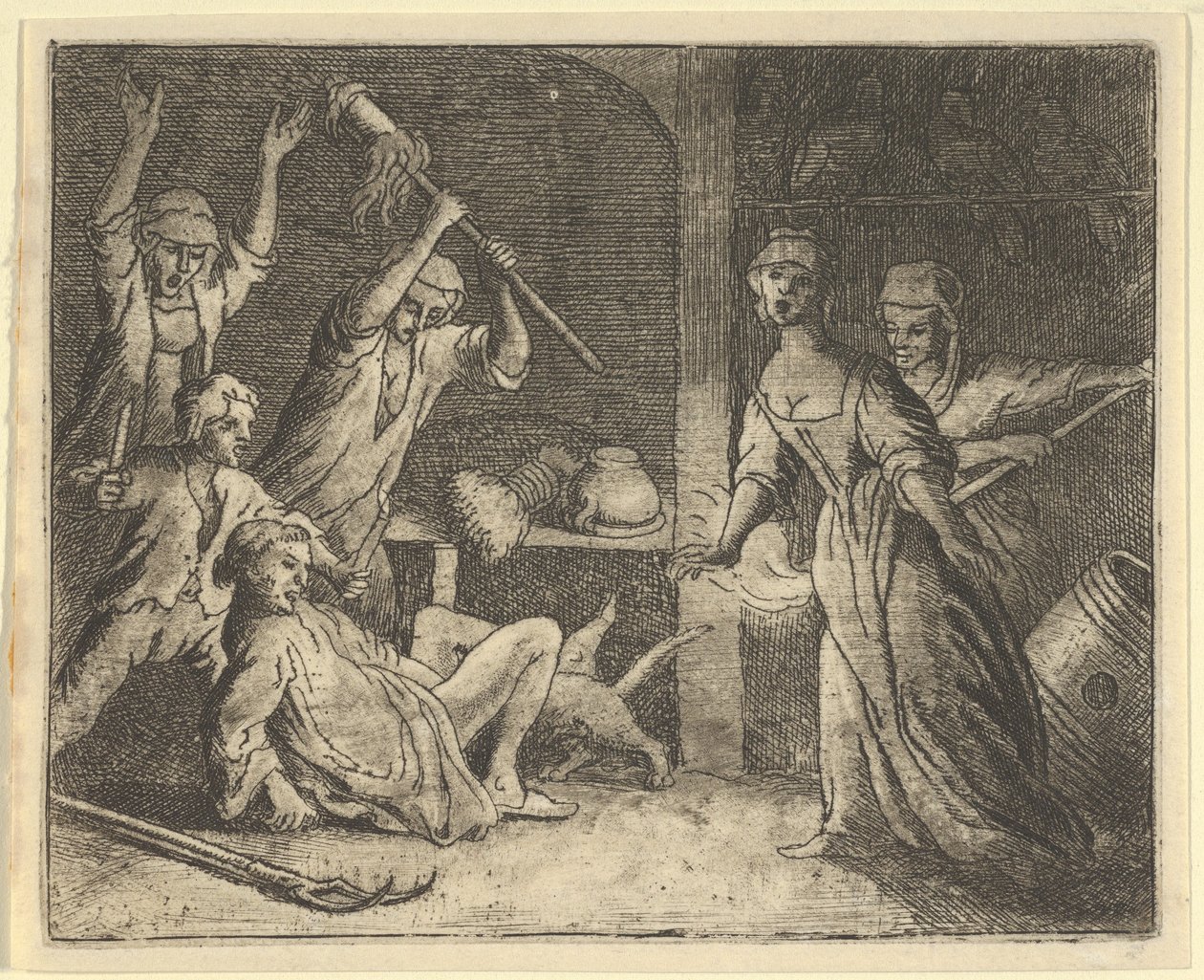 Die Katze, die in einer Schlinge gefangen ist, wird von den Leuten aus dem Haus misshandelt, 1650-75 von Allart van Everdingen