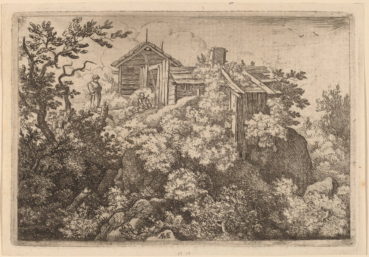 Drei Hütten auf einem Felsen von Allart van Everdingen