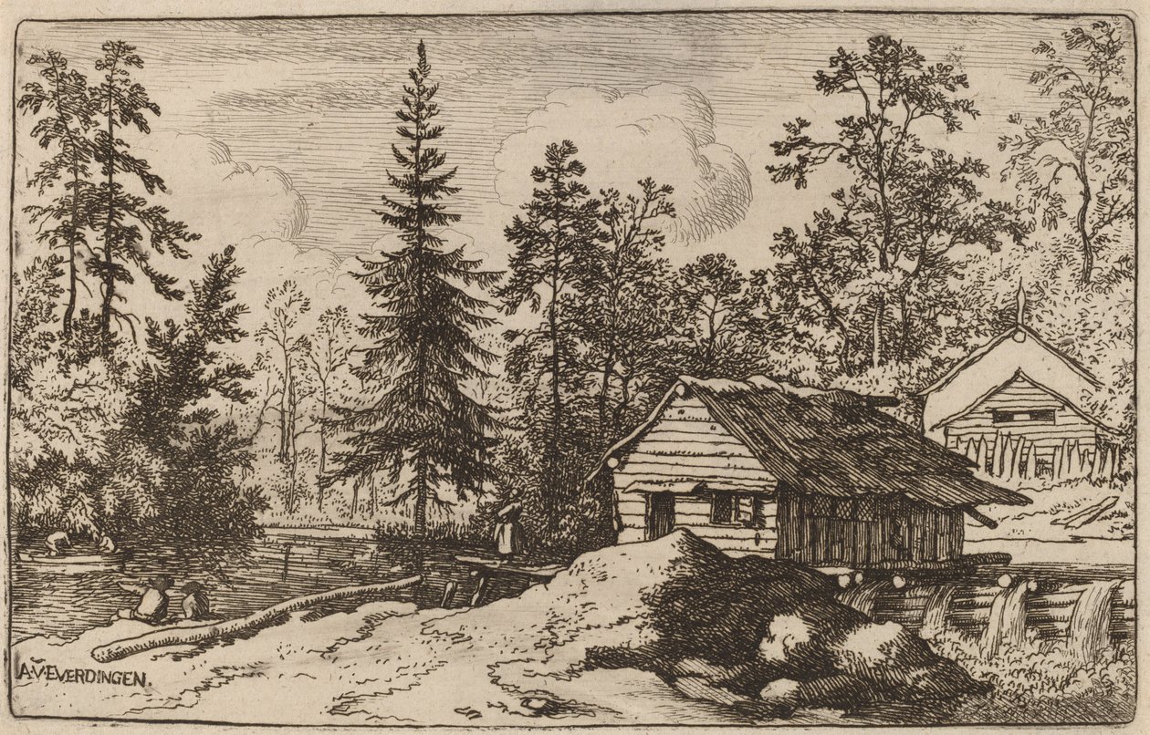 Frau in einer Flusslandschaft, die auf ein Boot schaut, wahrscheinlich um 1645-1656 von Allart van Everdingen