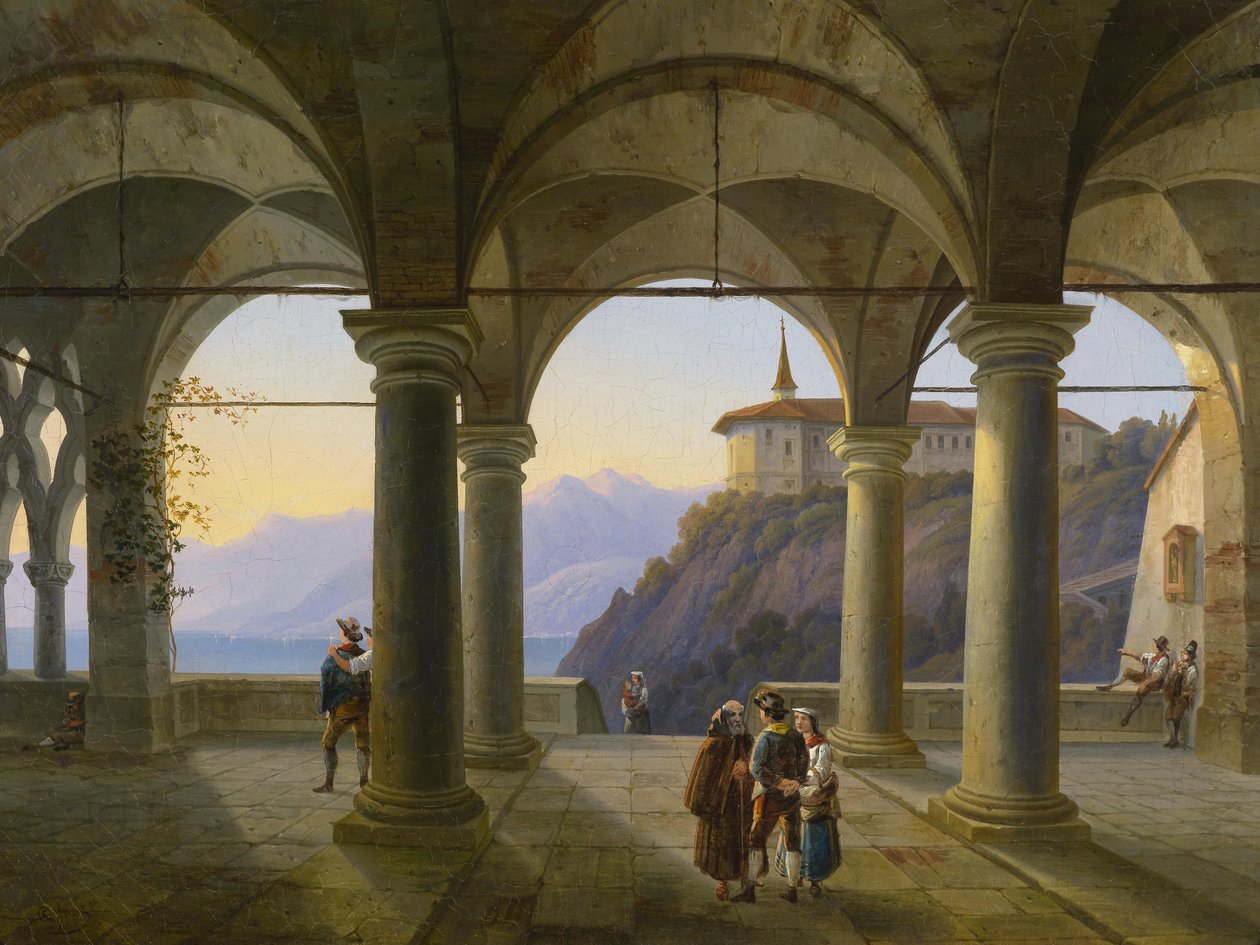 Säulenterrasse mit figürlicher Staffage und Blick auf einen Gebirgssee von Alois Gustav Schulz