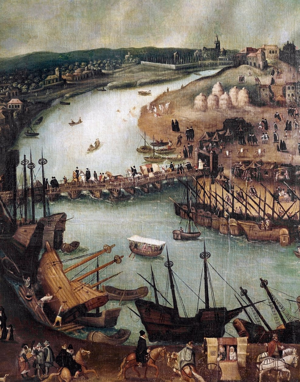 Die Stadt Sevilla. Detail des Hafens und der Handelsaktivitäten von Alonso Sánchez Coello