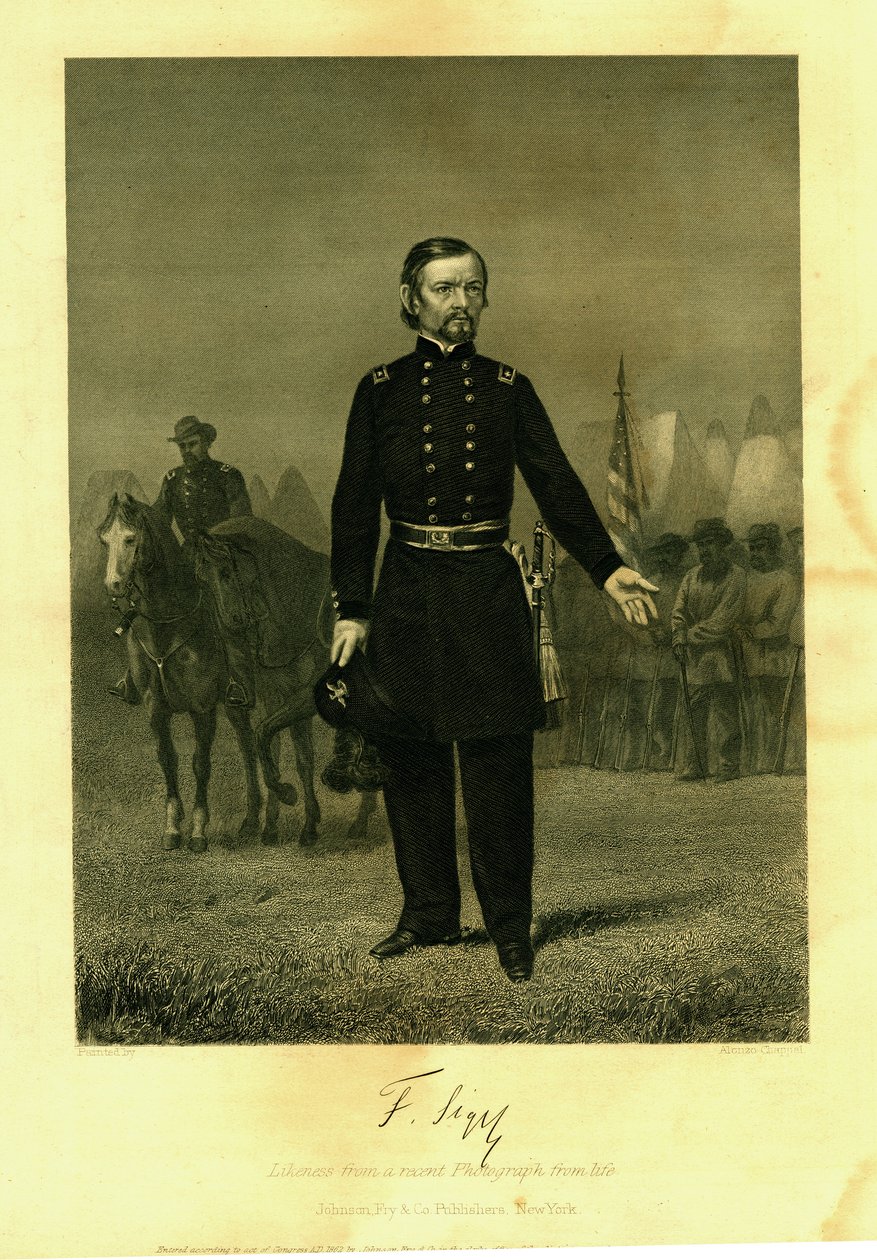 Druck von Gen. Siegel in Uniform mit einem Schwert. Soldaten mit einer Schlachtflagge von Alonzo Chappel