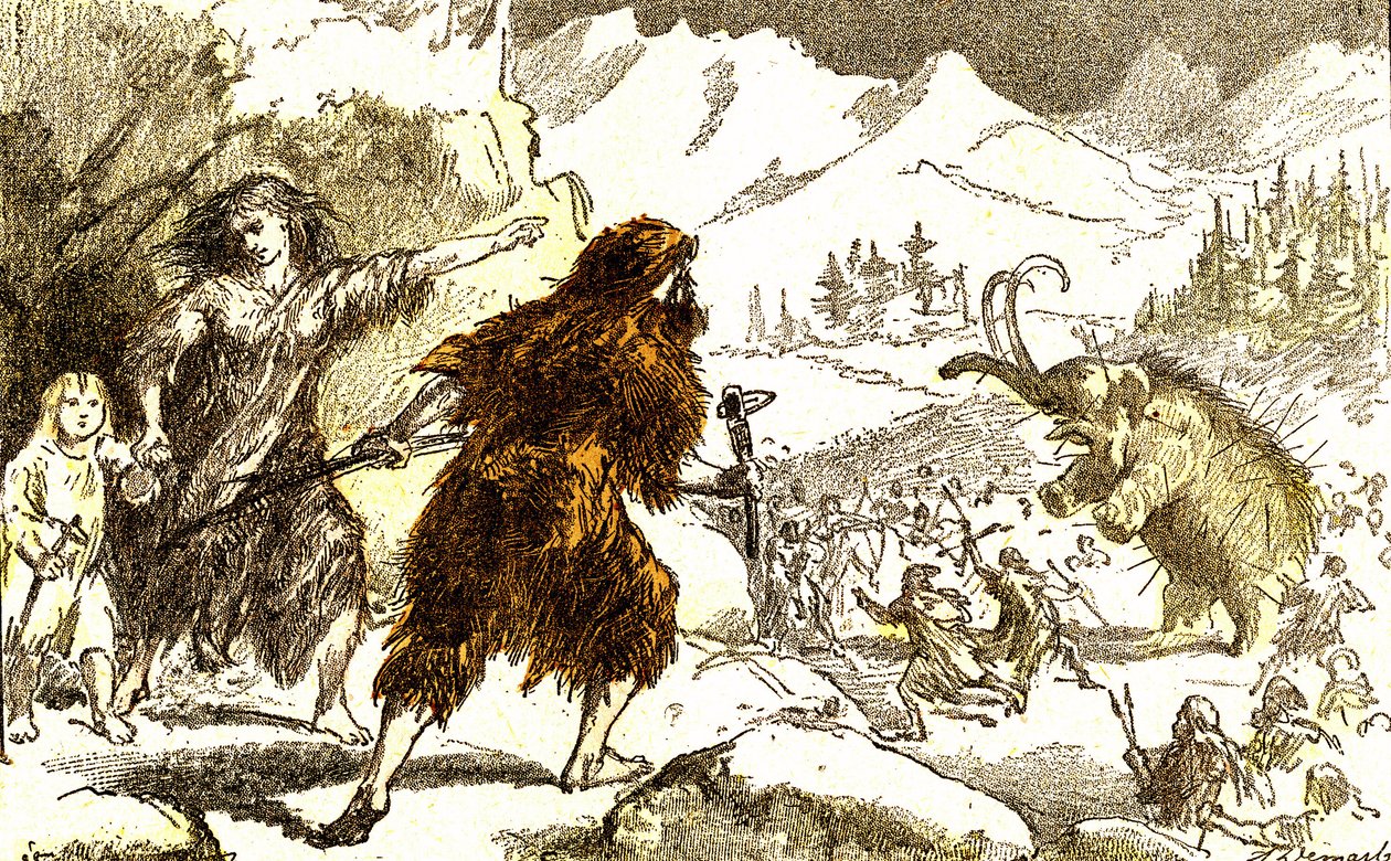 Vorgeschichte-Mammutjagd. Eiszeit: Natürliche Schöpfung und Lebewesen. Zeichnung von A. Demarle. 1885 von Alphonse Demarle