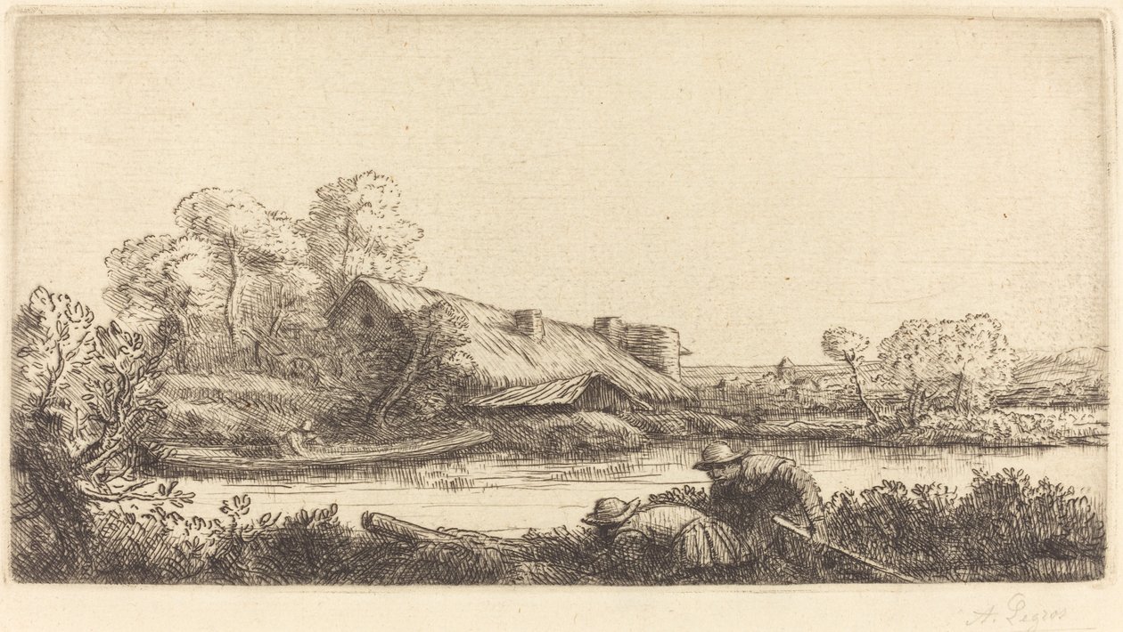 Bauernhof am Fluss im Abendlicht La ferme sur la rivière: Effet du soir von Alphonse Legros