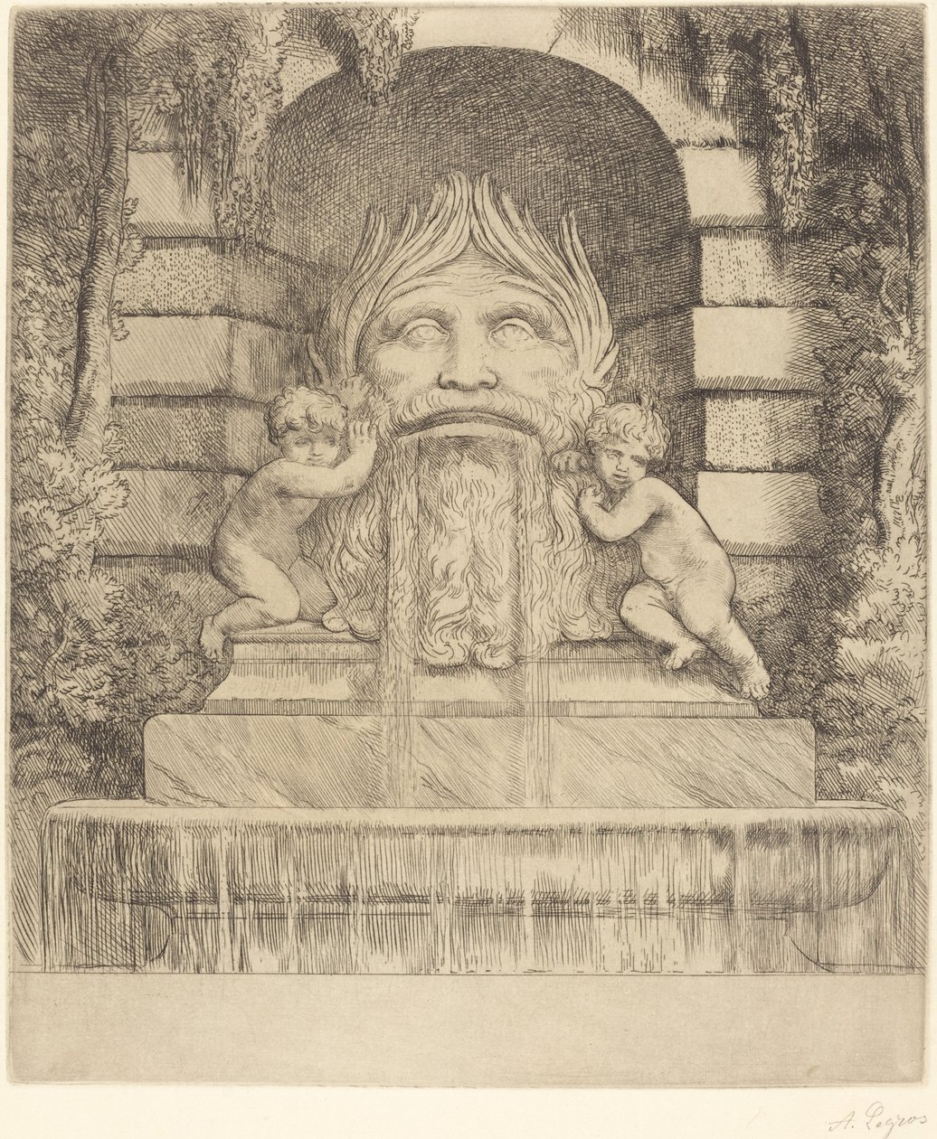 Brunnen: Groteske, Kinder und Becken Une fountaine: Masque, enfants et bassin von Alphonse Legros