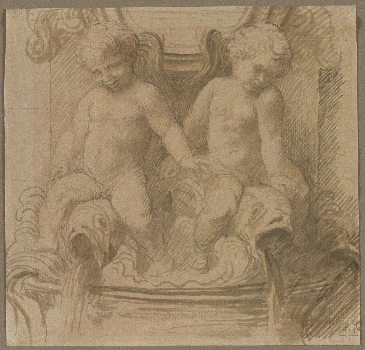 Brunnen mit Putti, die auf Delfinen reiten, zweite Hälfte des 19. Jahrhunderts von Alphonse Legros