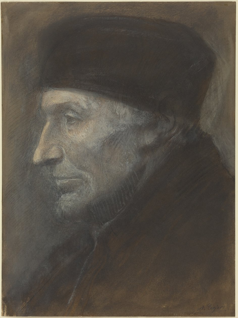 Kopf eines Mannes mit Schädelkappe von Alphonse Legros