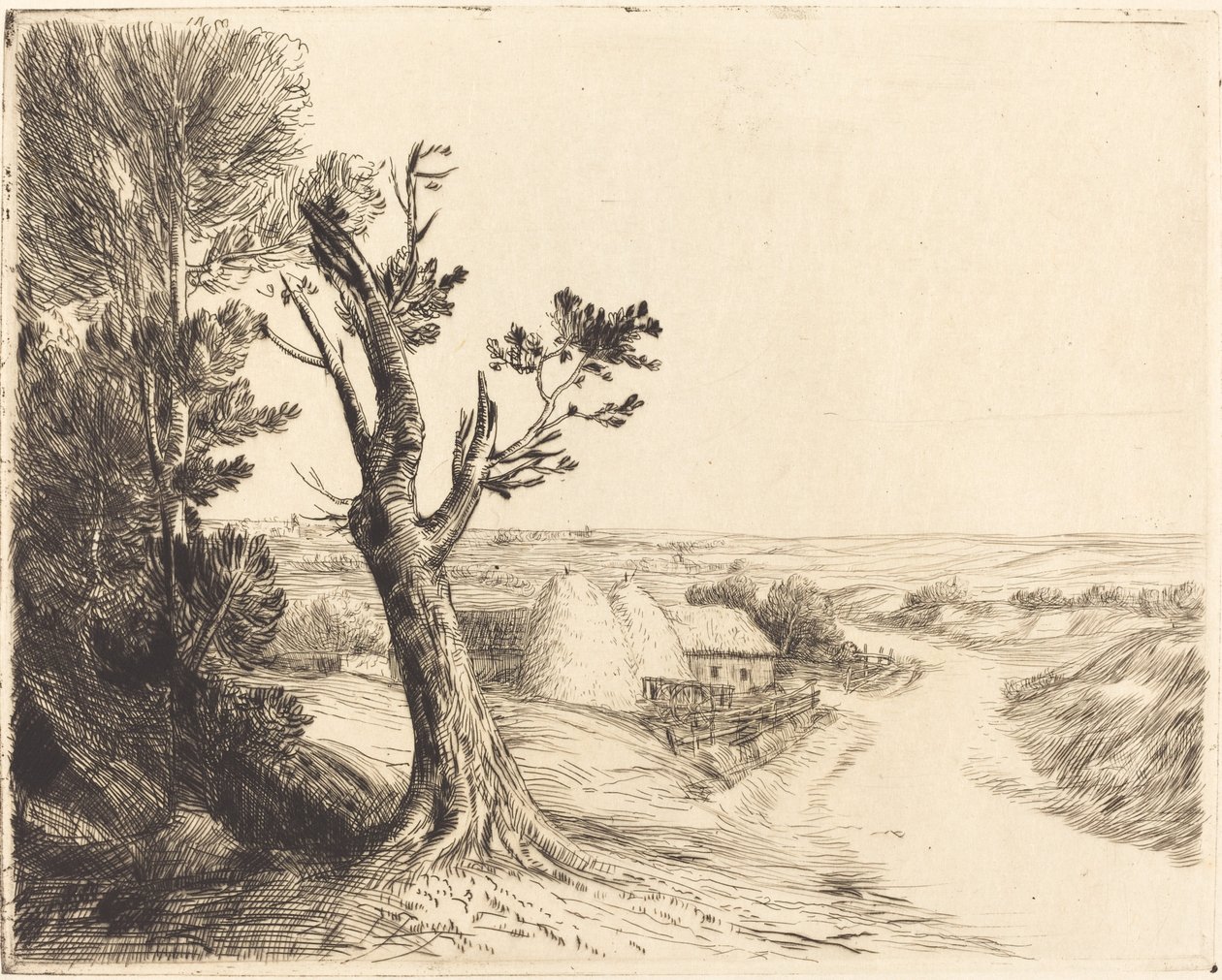 Landschaft mit Heuhaufen (Le paysage aux meules) von Alphonse Legros